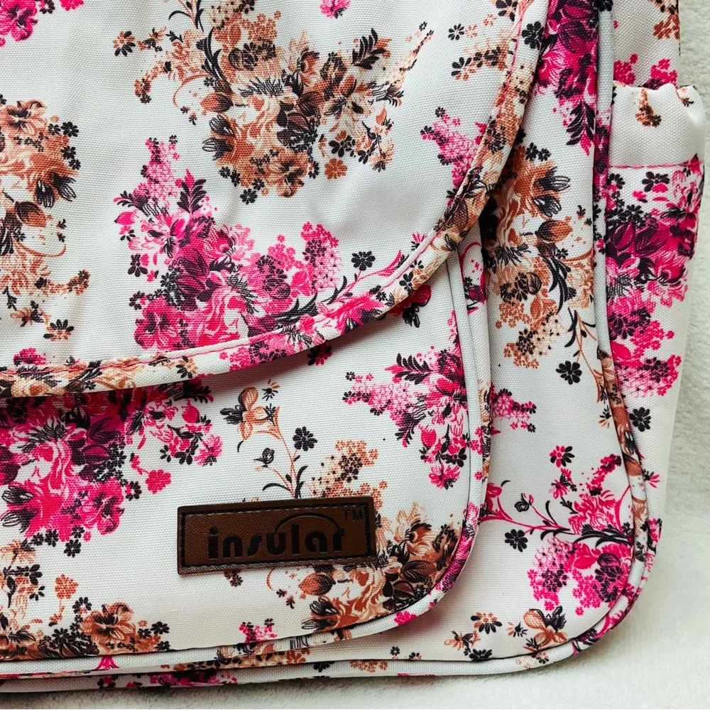 INSOLAR 15”x13” Floral Pink Baby Infant Insulated Diaper Bag - 4 Piece Set